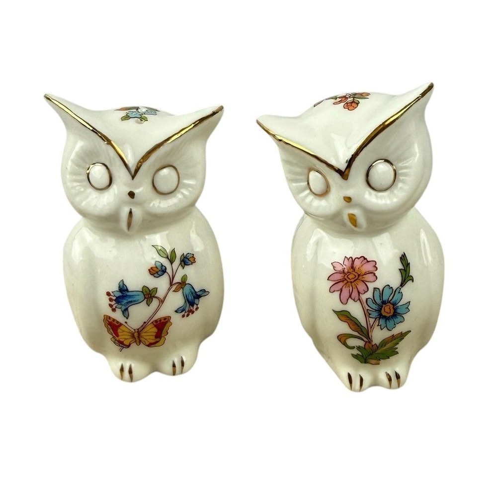 Fairway Owl‎ Salt and Pepper Shakers White Floral Bone China Vintage